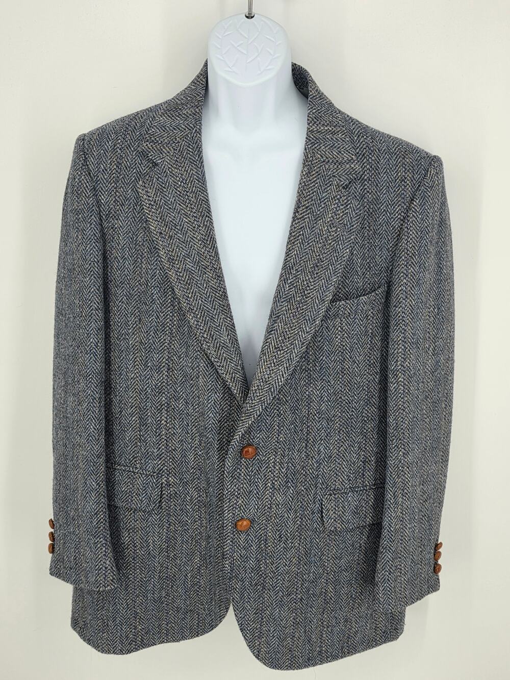 Stafford Harris Tweed Blazer 42R Blue Gray Herringbone Duck Lining Vintage USA